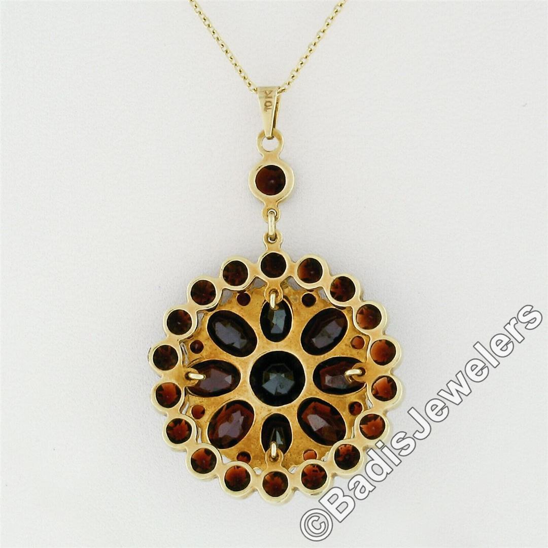 Antique Victorian 10k Gold Rose Cut Red Garnet Milgrain Flower Pendant Necklace