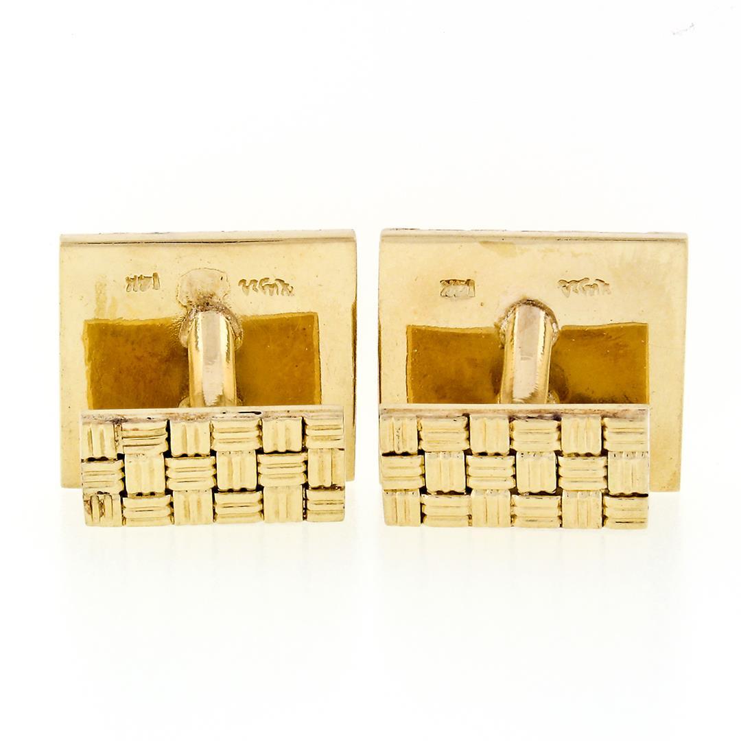 Vintage Men's 14k Yellow Gold Squared Woven Basket Pattern Work Heavy Cuff Links