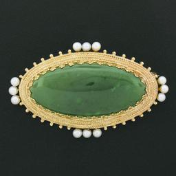 Vintage 14k Gold Large Oval Cabochon Jade Pearl Twisted Wire Halo Brooch Pendant