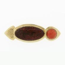 Vintage 18k Gold Multi Prong Agate & Cabochon Coral Modernist Large Brooch Pin