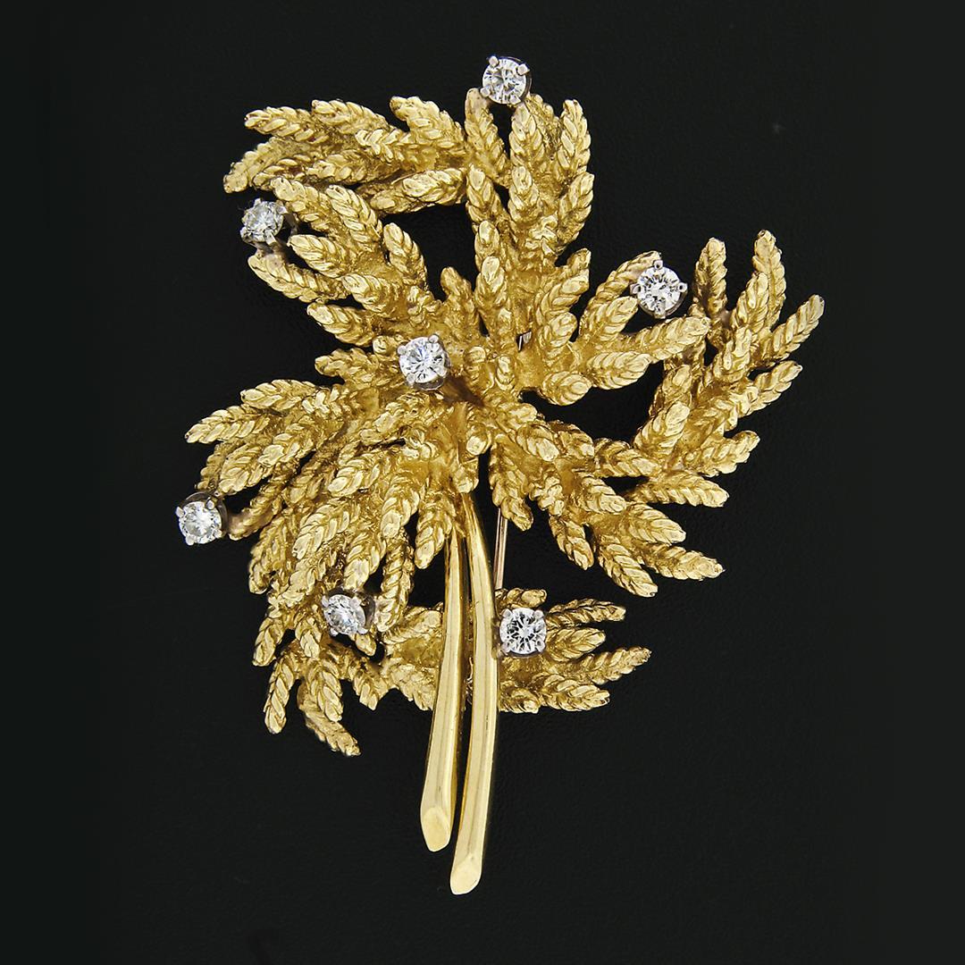 Vintage 18K Yellow Gold 0.65 ctw Diamond Detailed Textured Leaf Flower Brooch Pi