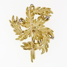 Vintage 18K Yellow Gold 0.65 ctw Diamond Detailed Textured Leaf Flower Brooch Pi