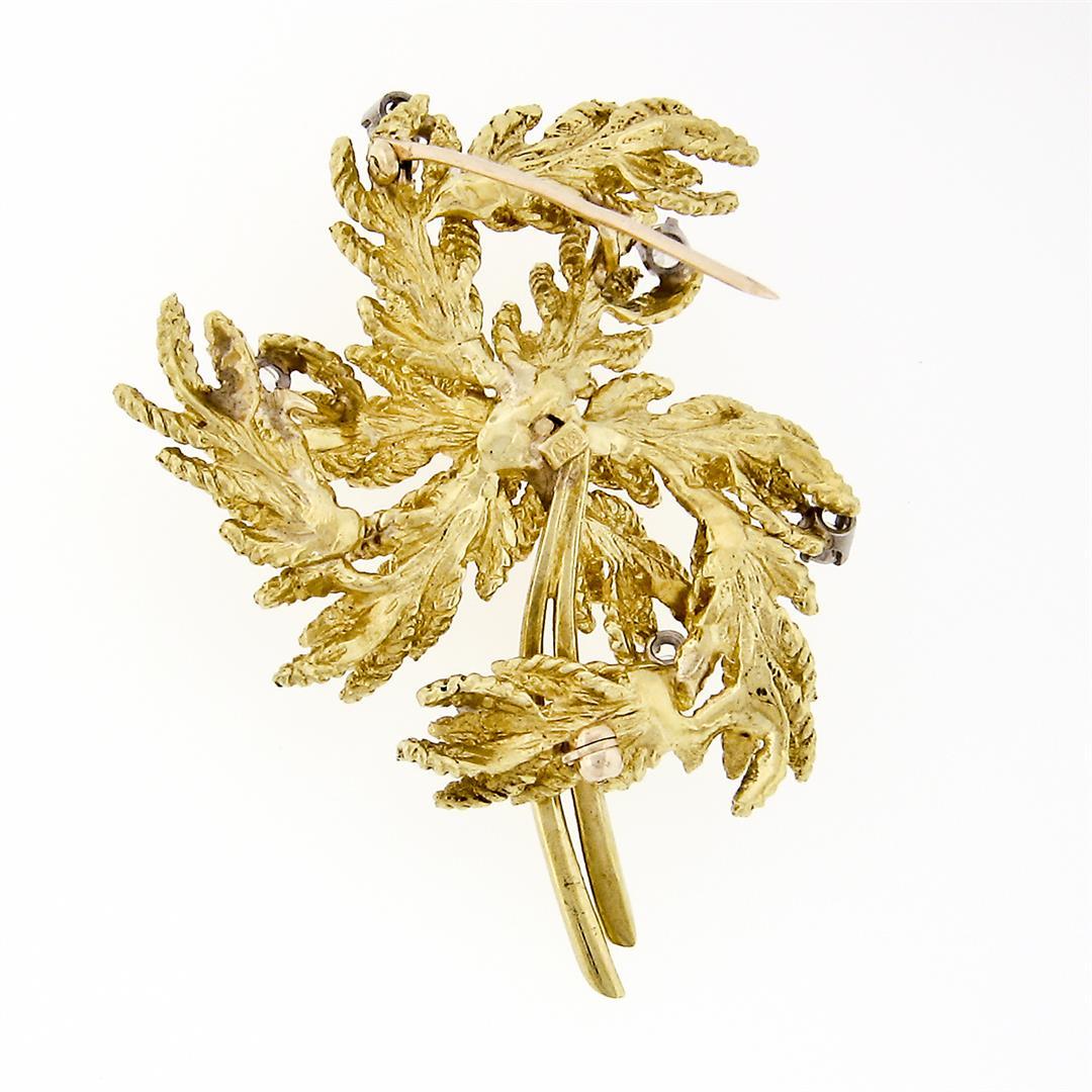 Vintage 18K Yellow Gold 0.65 ctw Diamond Detailed Textured Leaf Flower Brooch Pi