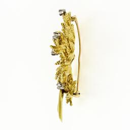 Vintage 18K Yellow Gold 0.65 ctw Diamond Detailed Textured Leaf Flower Brooch Pi