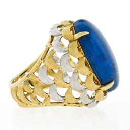 Vintage 18K TT Gold Cabochon Lapis Lazuli Textured Crescent Large Cocktail Ring