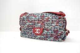 Chanel Red Leather Blue Multicolor Tweed Shoulder Bag