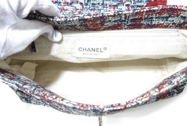 Chanel Red Leather Blue Multicolor Tweed Shoulder Bag