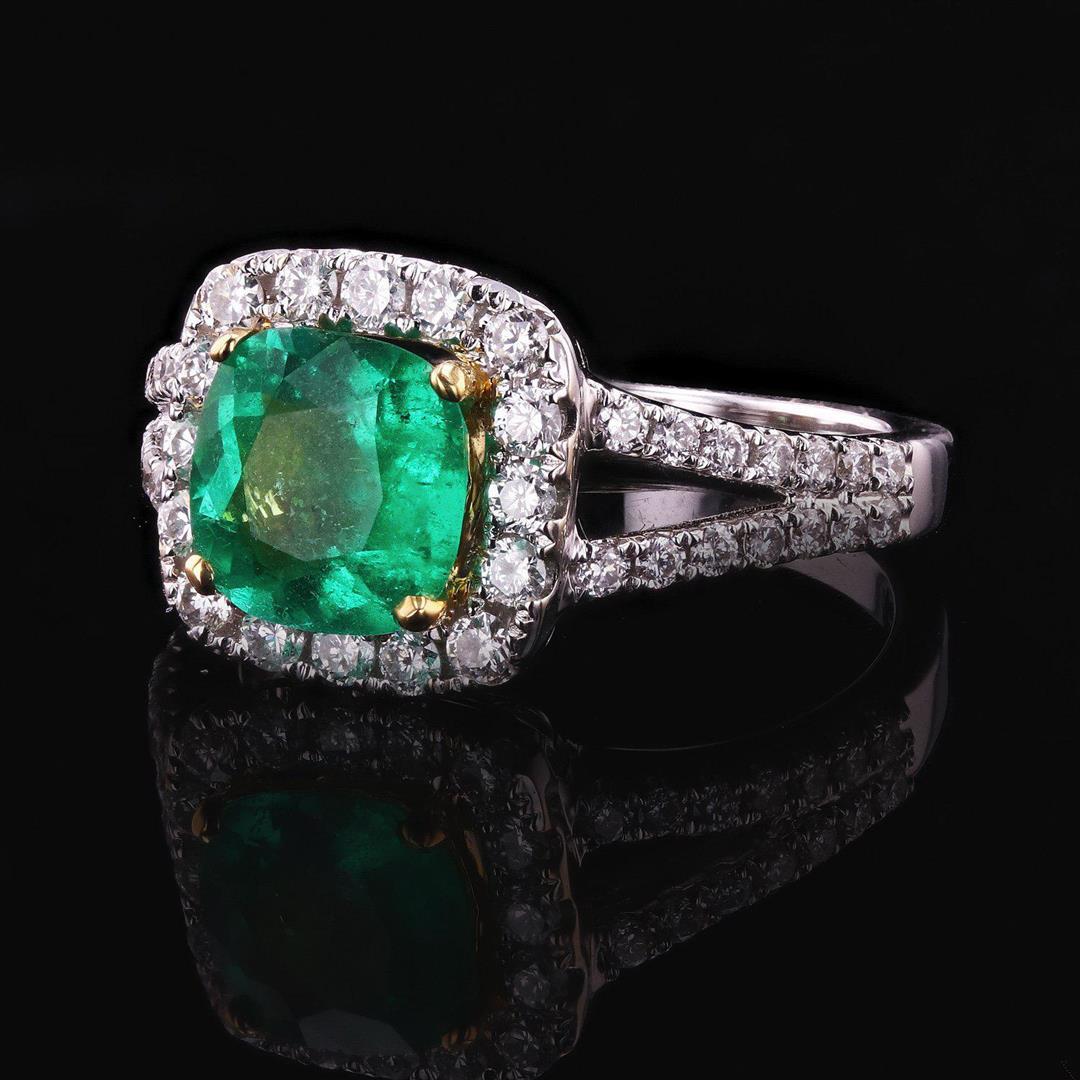 1.35 ctw Emerald and 0.62 ctw Diamond 18K White Gold Ring