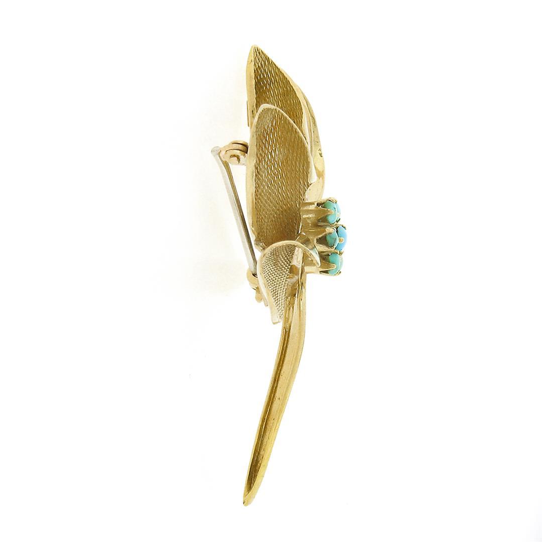 Vintage Italian 18k Gold Cabochon Turquoise w/ Textured Petals Flower Brooch Pin