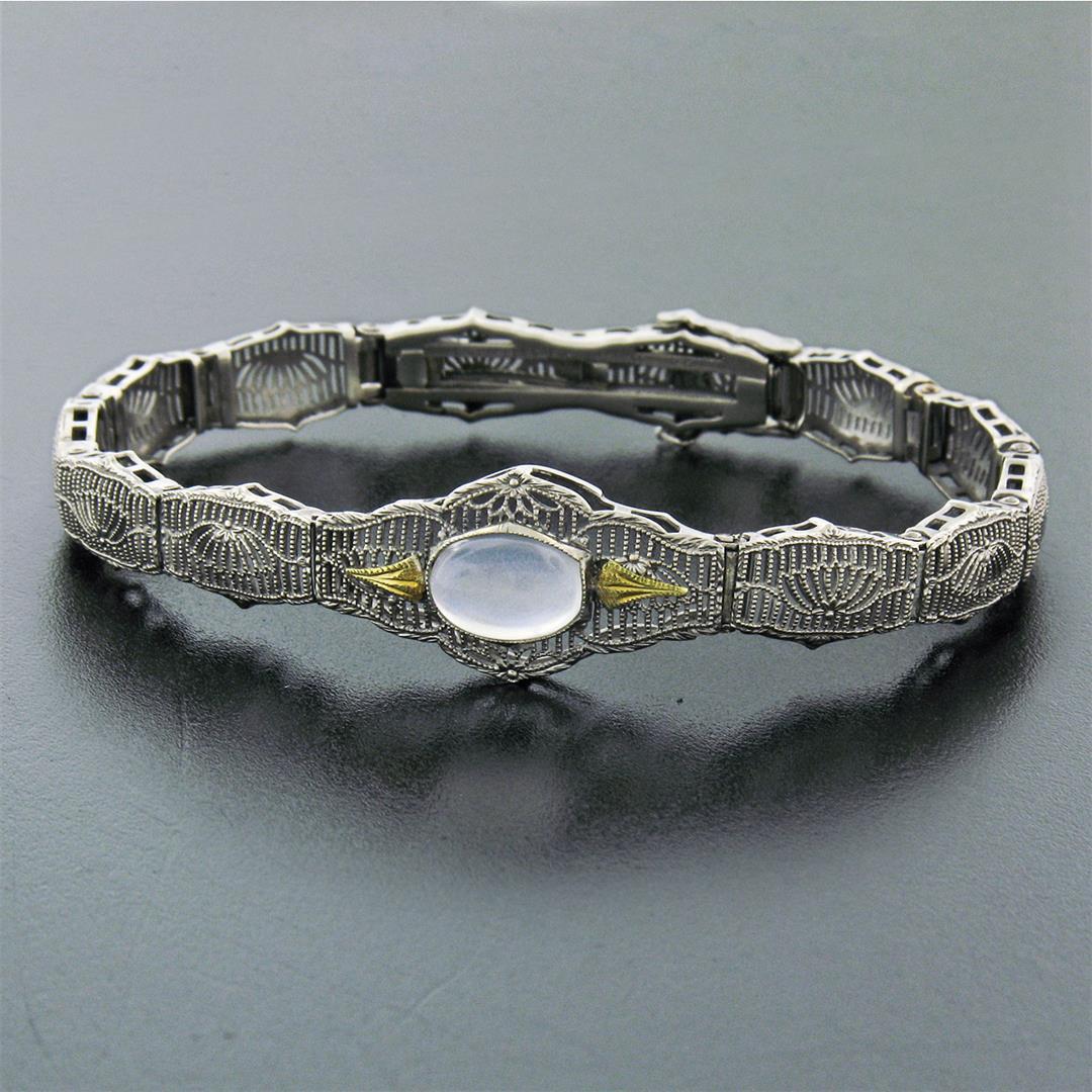 Antique Art Deco Esemco 14k TT Gold Milgrain Filigree Moonstone Belly Bracelet