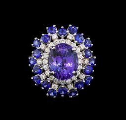 14KT White Gold 4.93 ctw Tanzanite, Sapphire and Diamond Ring