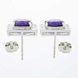 Unique 18k Gold 4.6 ctw Cushion Amethyst Channel Diamond Halo Square Stud Earrin