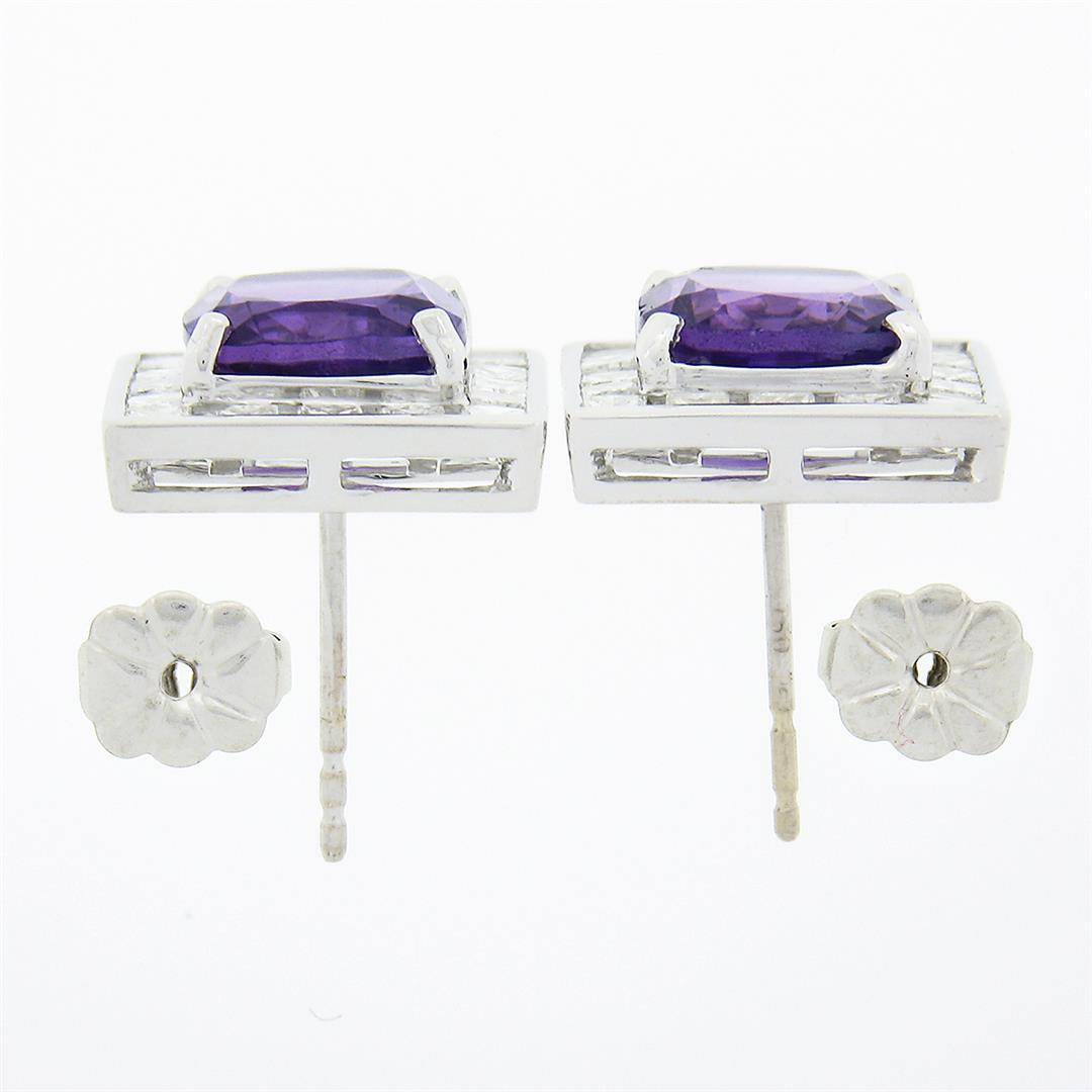 Unique 18k Gold 4.6 ctw Cushion Amethyst Channel Diamond Halo Square Stud Earrin