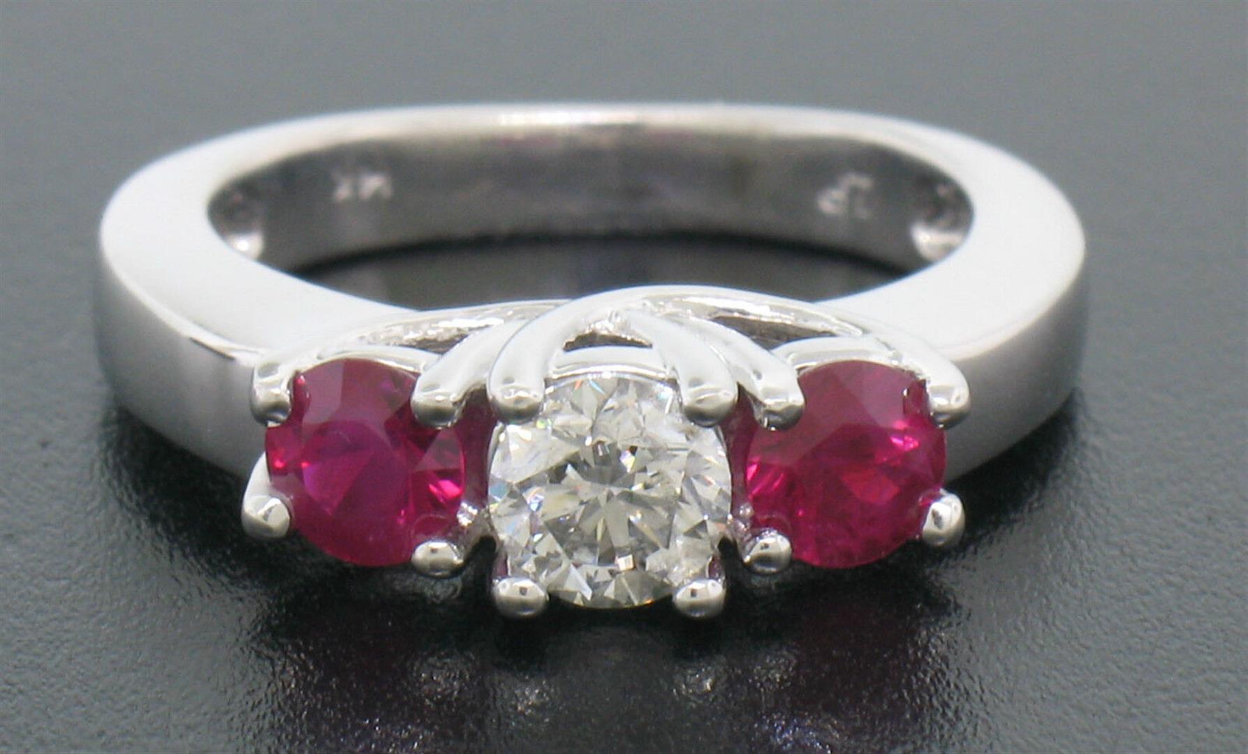 14k White Gold 3 Stone Engagement Ring w/ Ctr Round Diamond & 2 Blood Red Rubies