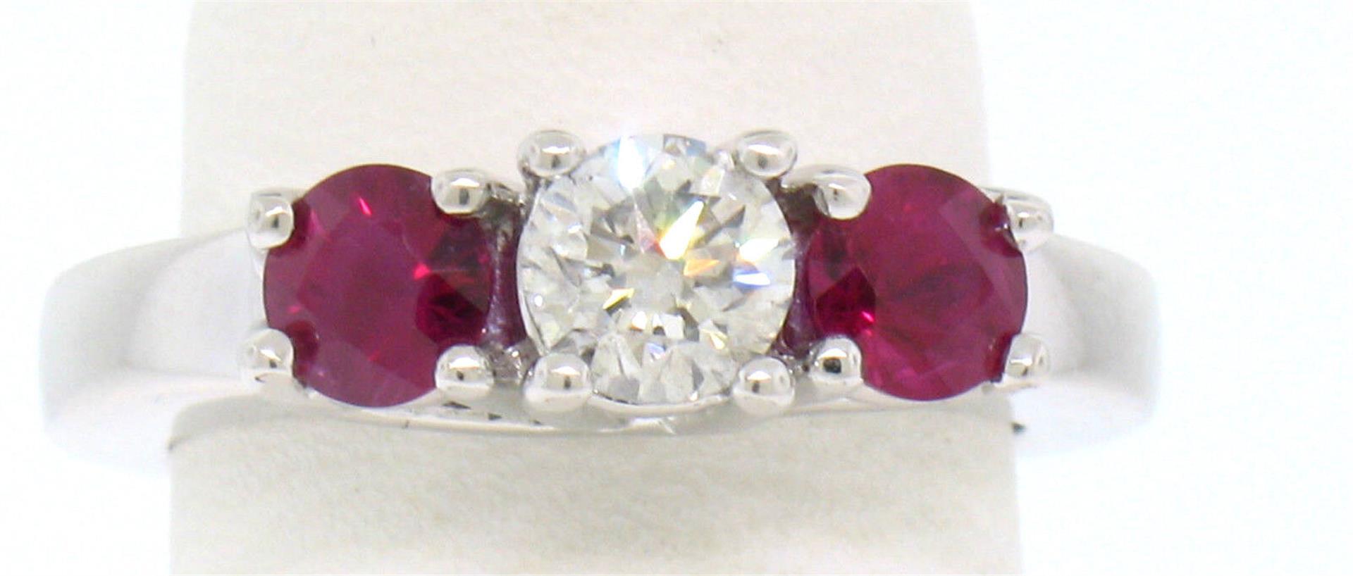 14k White Gold 3 Stone Engagement Ring w/ Ctr Round Diamond & 2 Blood Red Rubies