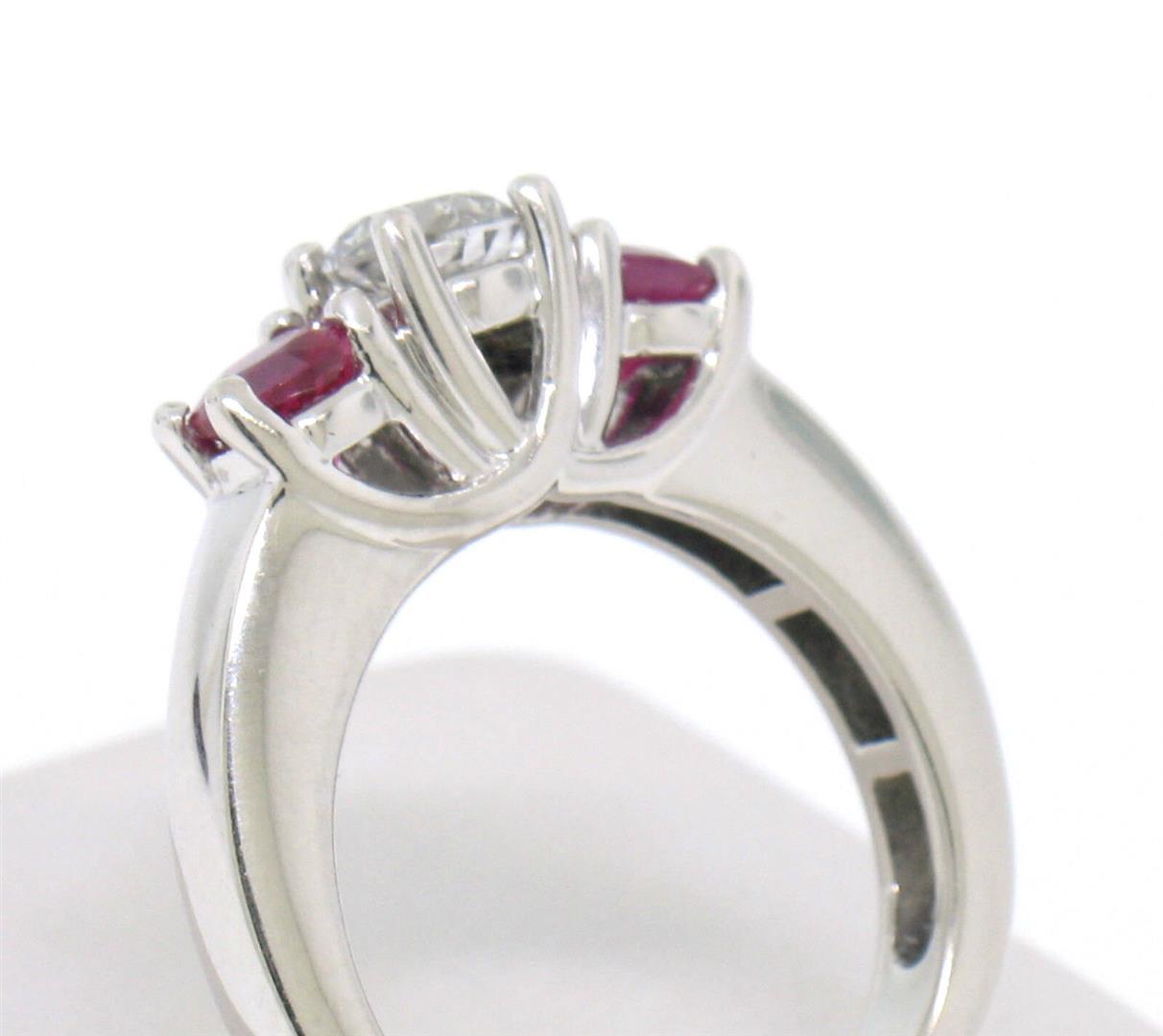 14k White Gold 3 Stone Engagement Ring w/ Ctr Round Diamond & 2 Blood Red Rubies