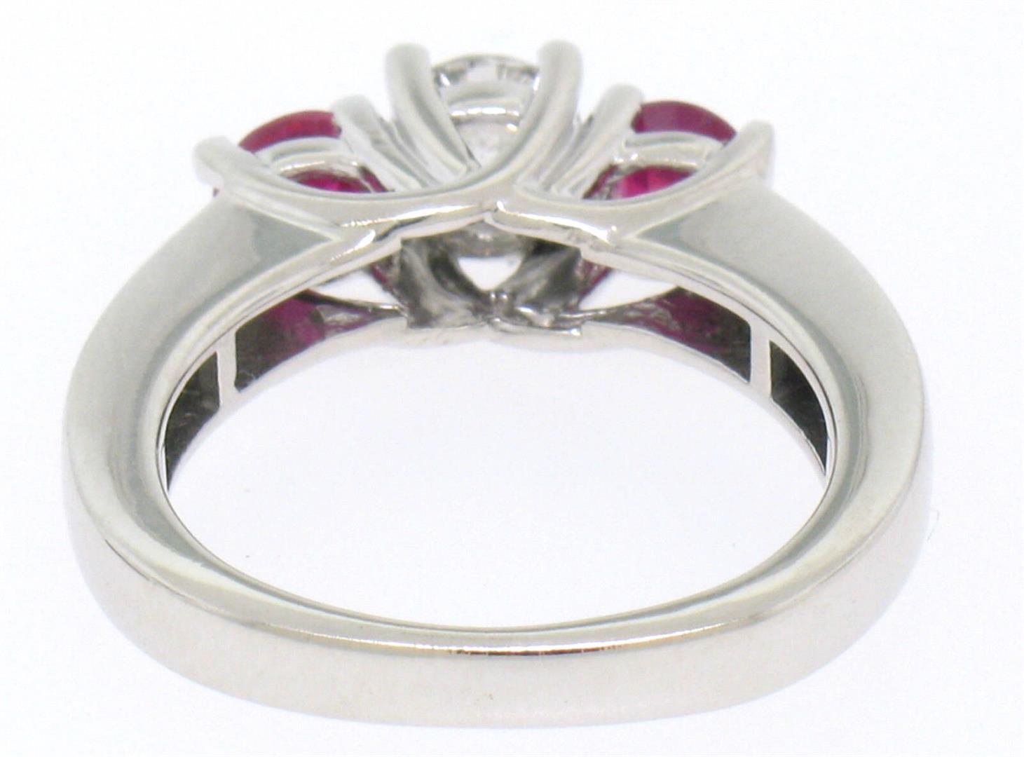 14k White Gold 3 Stone Engagement Ring w/ Ctr Round Diamond & 2 Blood Red Rubies