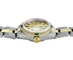Rolex Ladies 2Tone 18K Yellow Gold Diamond And Emerald Bezel Date Watch With Rol