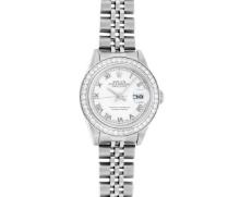 Rolex Ladies Quickset Stainless Steel White Roman Stainless Steel Diamond Bezel