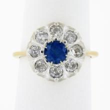 Antique FRENCH 18k TT Gold GIA NO HEAT Sapphire & Diamond Flower Cluster Ring