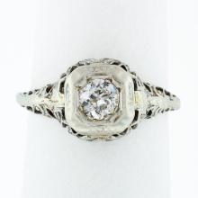 Antique Art Deco Petite 18k Gold European Diamond Filigree Floral Promise Ring