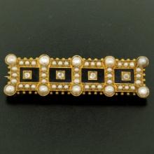 Antique Victorian 15k Yellow Gold Old Mine Cut Diamond Seed Pearl & Onyx Bar Pin