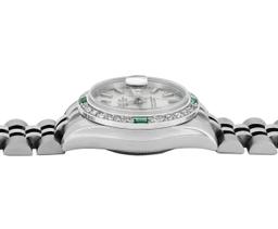 Rolex Ladies Quickset Silver Dial 18K White Gold Diamond And Emerald Datejust