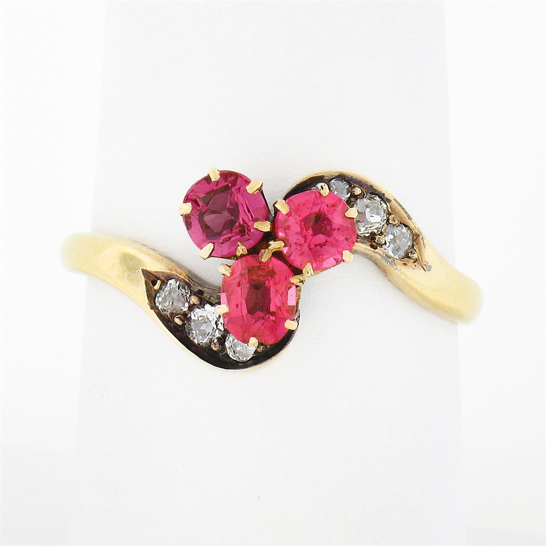 Antique Victorian 14k Gold GIA NO HEAT Pink Spinel Cluster & Diamond Bypass Ring