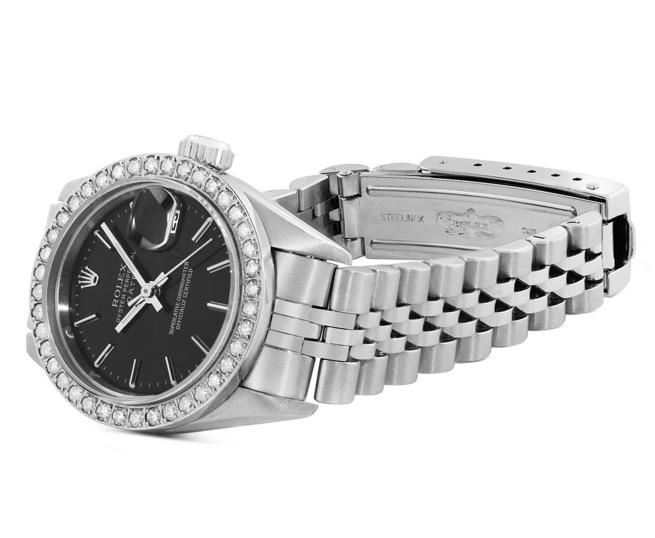 Rolex Ladies Quickset Stainless Steel Black Dial Diamond Bezel Date Watch