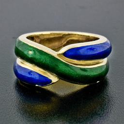 Vintage Solid 18K Yellow Gold Blue & Green Enamel Wide Intertwined Band Ring