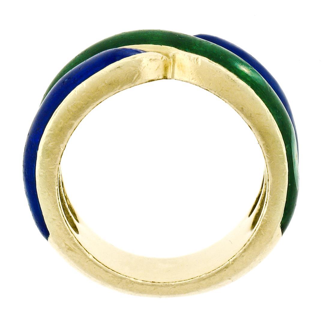 Vintage Solid 18K Yellow Gold Blue & Green Enamel Wide Intertwined Band Ring