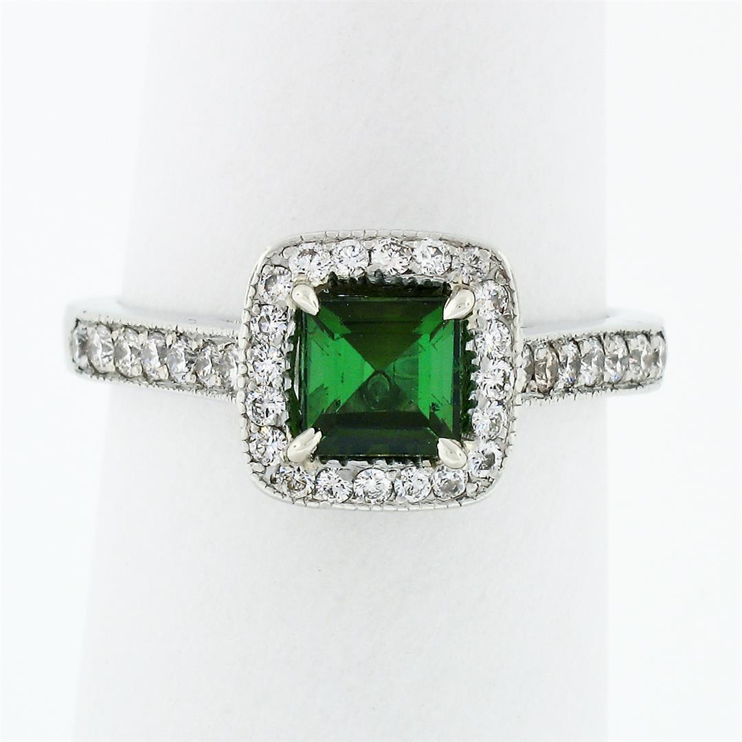 Platinum 1.51 ctw Square Step Cut Green Tourmaline Solitaire Ring w/ Diamond Hal