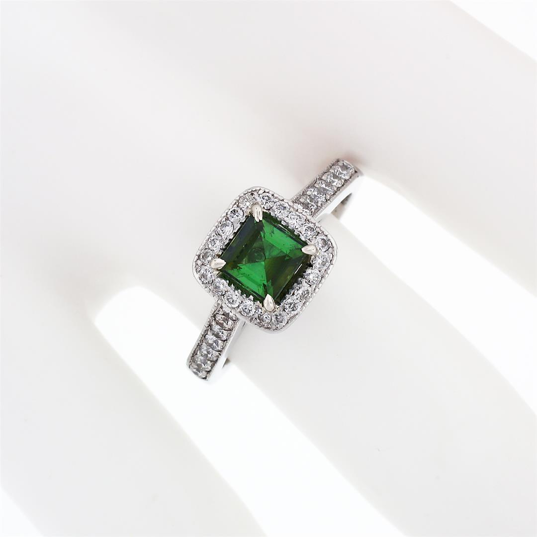 Platinum 1.51 ctw Square Step Cut Green Tourmaline Solitaire Ring w/ Diamond Hal