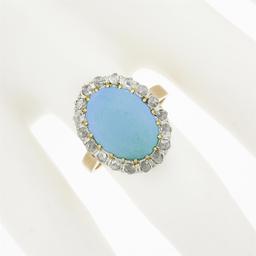 Antique 18k Rosy Gold Platinum Oval Cabochon Persian Turquoise Diamond Halo Ring