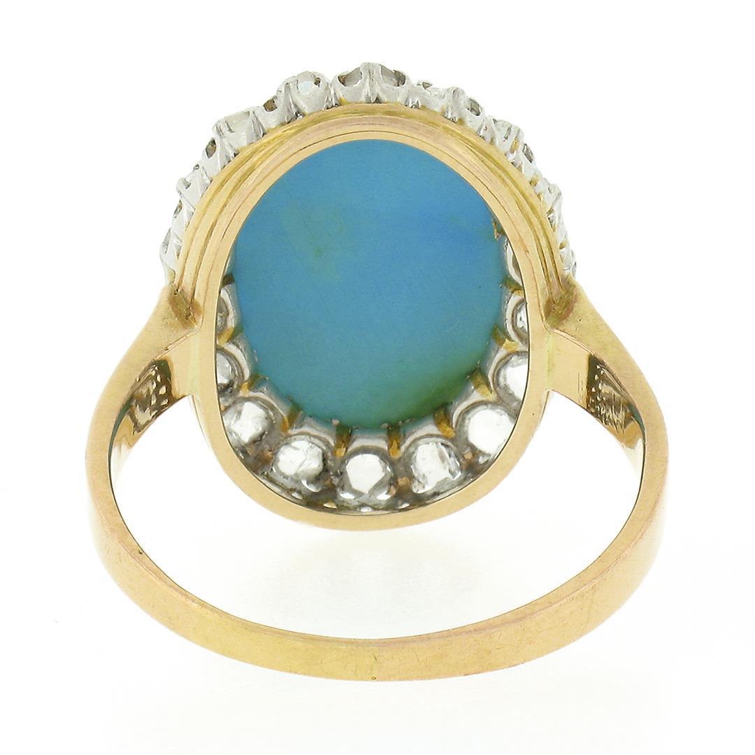 Antique 18k Rosy Gold Platinum Oval Cabochon Persian Turquoise Diamond Halo Ring