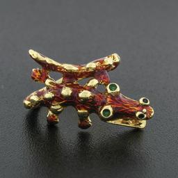 Vintage 18k Gold Red Green & Black Enamel Silly Dragon Petite Wrap Band Ring