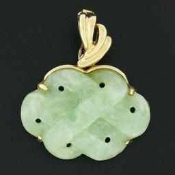 Hong Kong 14k Yellow Gold Carved Pierced Light Green Jade Overlap Design Pendant