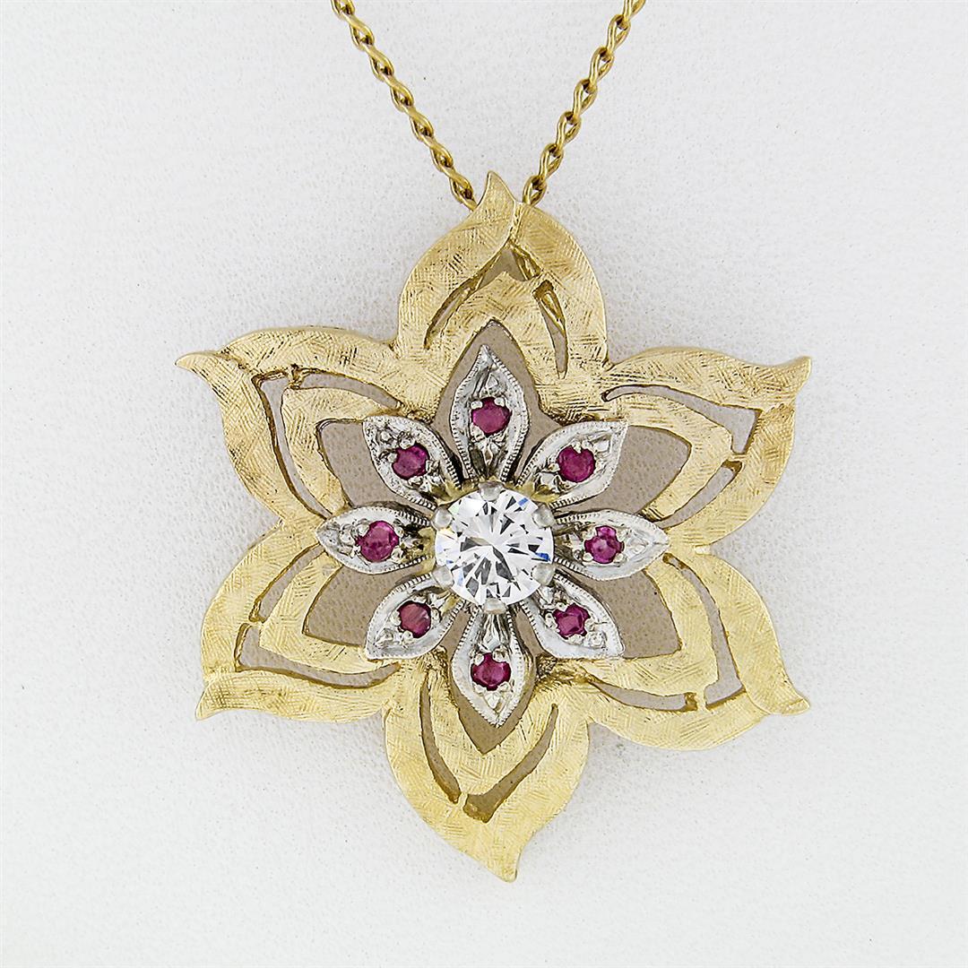 Vintage 14k Two Tone Gold Diamond Ruby Florentine Finish Flower Pendant Necklace