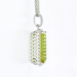 18K White Gold Rectangular Lemon Quartz Diamond Encrusted Bail Pendant Necklace