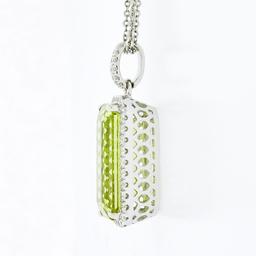 18K White Gold Rectangular Lemon Quartz Diamond Encrusted Bail Pendant Necklace