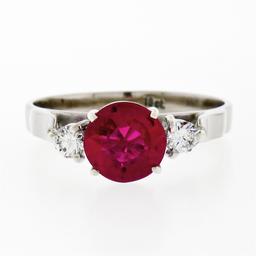 Vintage 18K White Gold Old Cut Red Stone Solitaire & 0.22 ctw Diamond 3 Stone Ri