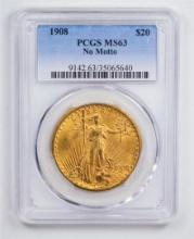 1908 $20 No Motto Double Eagle Gold Coin PCGS MS63