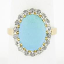 Antique 18k Rosy Gold Platinum Oval Cabochon Persian Turquoise Diamond Halo Ring