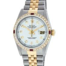 Rolex Mens Two Tone Silver Diamond And Ruby 36MM Datejust Wristwatch