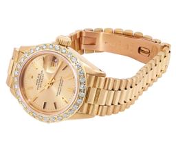 Rolex Ladies Quickset 18K Yellow Gold Diamond Bezel President 26MM