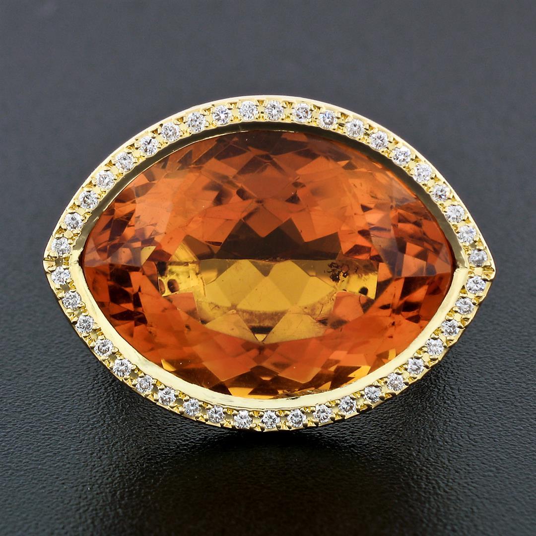 Estate 18K Gold Large Wide Citrine Diamond Halo Almond Eye Shaped Cocktail Ring