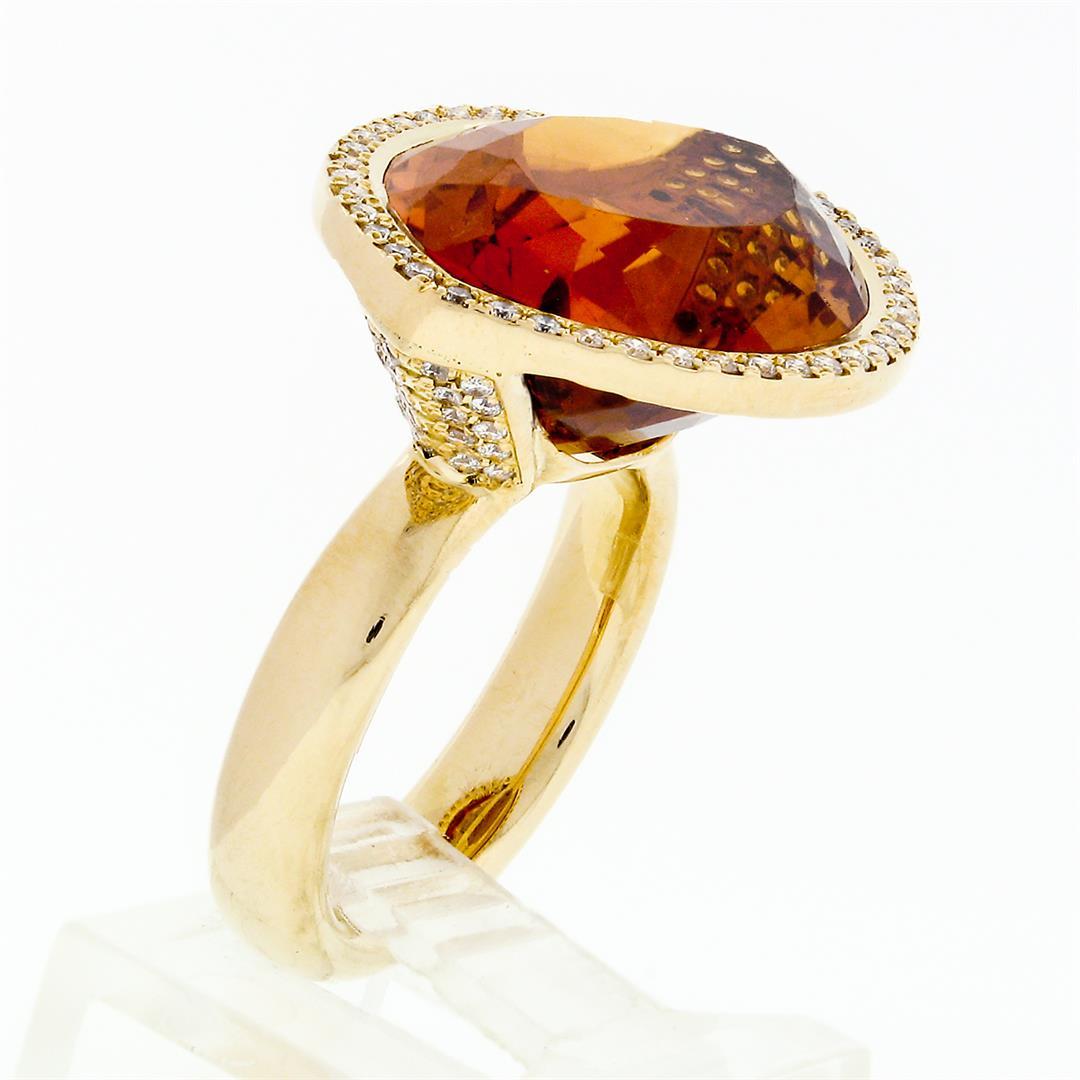 Estate 18K Gold Large Wide Citrine Diamond Halo Almond Eye Shaped Cocktail Ring