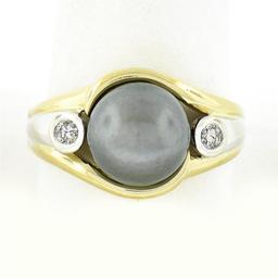 14K TT Gold 10.1mm Dark Gray Tahitian Pearl Solitaire Bezel Diamond 3 Stone Ring