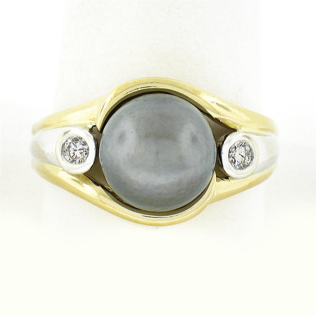 14K TT Gold 10.1mm Dark Gray Tahitian Pearl Solitaire Bezel Diamond 3 Stone Ring