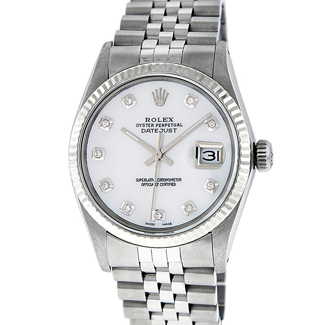 Rolex Stainless Steel 36MM White Diamond Datejust Wristwatch